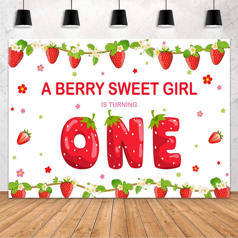 MEHOFOND Strawberry 1st Birthday Backdrop for Girl Sweet Berry Birthday Party Decorations Supplies Banner A Berry Sweet Girl is Turning One Background Cake Table Photo Studio Props 7x5ft - Image 1